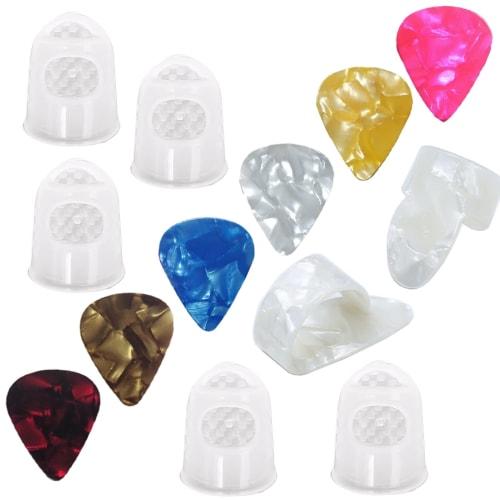 D.SigiYa Guitar Pick Set (Celluloid, 6 Thickness Variations, 6-Piece Set) Includes 1 Thumb Pick, 1 Finger Pick, and 5 Finger Cots for Guitar Practice,