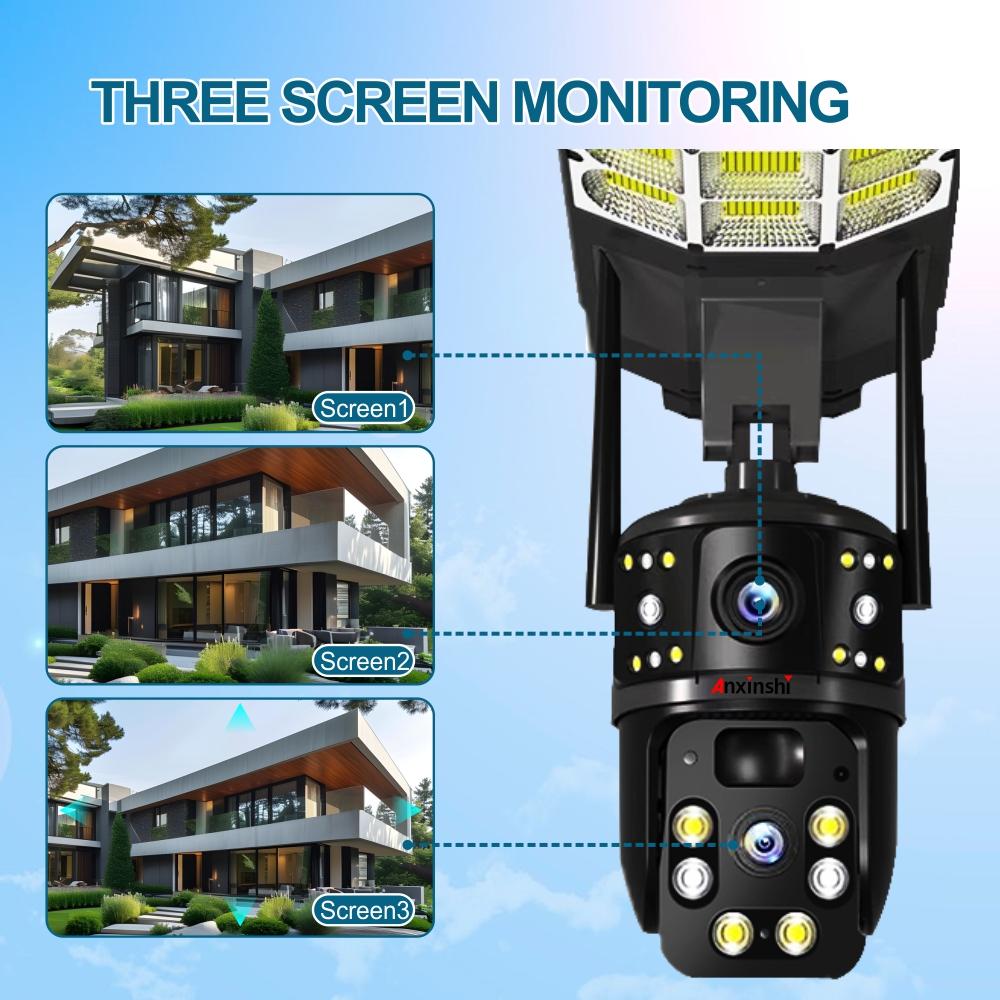 Solar Street Light Three Screen Monitoring Camera, Outdoor Day and Night Full-color Mobile Phone Remote Wireless Camera