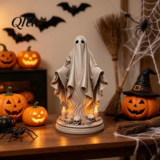 Detailed Ghost Carving Halloween Figurine, Spooky Resin Skulls Statue for Bedroom Ornament Tiered Tray Home Table Centerpiece, Party Supplies