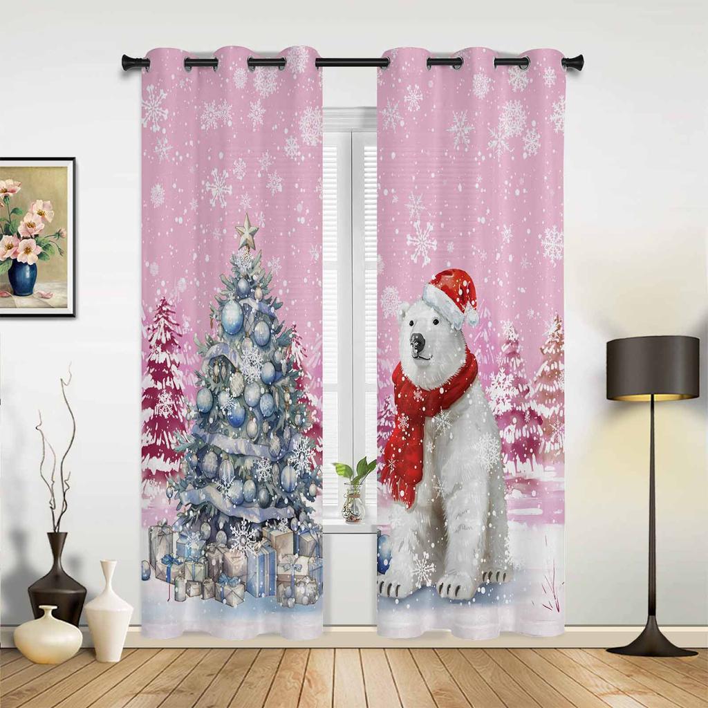 Blue Christmas Tree Christmas Ball Snowflake Print Curtains Bedroom Living Room Drapes Kitchen Window Curtain Home Decoration