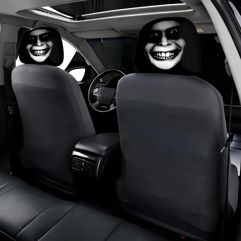 2pcs Horror-Themed Car Headrest Covers - Black & White Face Design, Unfilled Comfortable Seat Protectors for Sedan, Truck, SUV