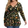 Women's Plus Size Shirt Long Sleeve  Print Top Pleated Casual V-Neck Top