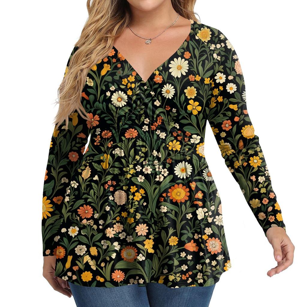 Women's Plus Size Shirt Long Sleeve Print Top Pleated Casual V-Neck Top
