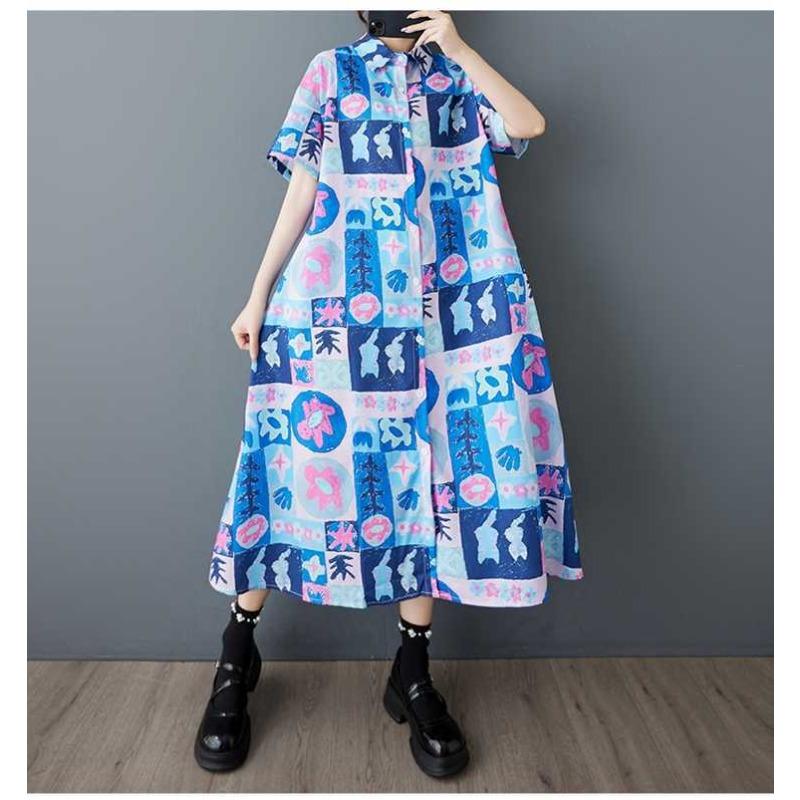 Women's Short Sleeved Loose Fashion Printed Mid Length Shirt Dress