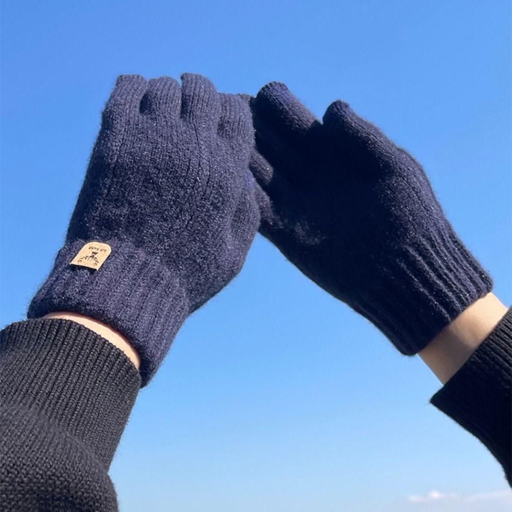 Wool Men Knitted Gloves Solid Color Full Finger Gloves Nonslip Knitted Woolen Gloves  Outdoor