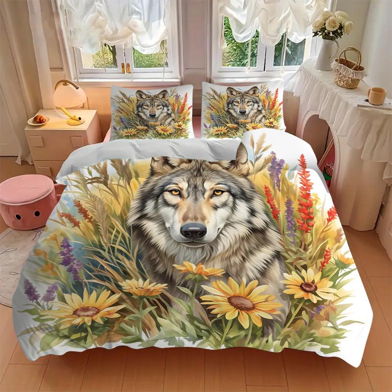 3pcs Wolf Amidst Sunflowers and Lavender Quilt Set - Soft and Comfortable Bedroom, Guest Room and Dorm Decor Bedding Set 1 Quilt Cover + 2 Pillow