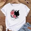 (Asian Size)Tee Top Women Print Flower Sweet Floral Style Cat Cute Fashion T Shirt Woman T Clothing Short Sleeve Female Graphic T-shirts