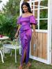 Purple Bodycon Dresses Short Ruffles Sleeve Empire Pleated Elegant Ladies Midi Evening Cocktail Party Gowns for Women