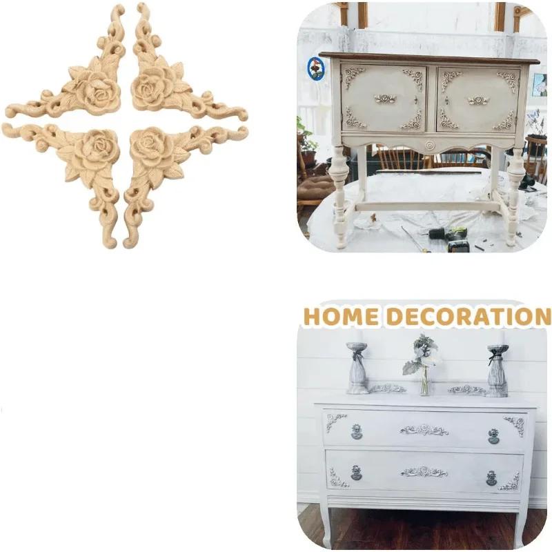 4pcs Natural Floral Wooden Figurines Crafts Wood Carved Corner Appliques Frame Wall Door Furniture Woodcarving Decorative