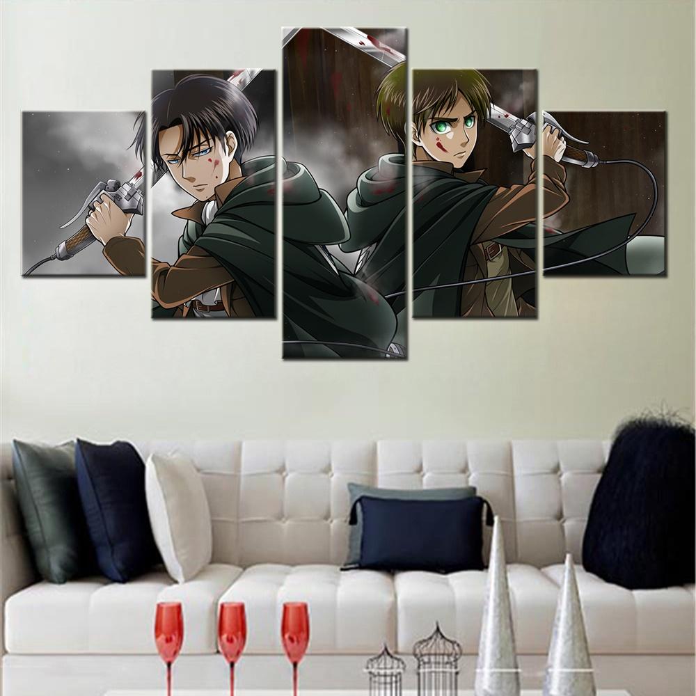 5 Pieces Canvas Wall Arts Anime Poster Painting Eren Yeager Modular Home Decor Picture Print For Living Room Artwork Framework