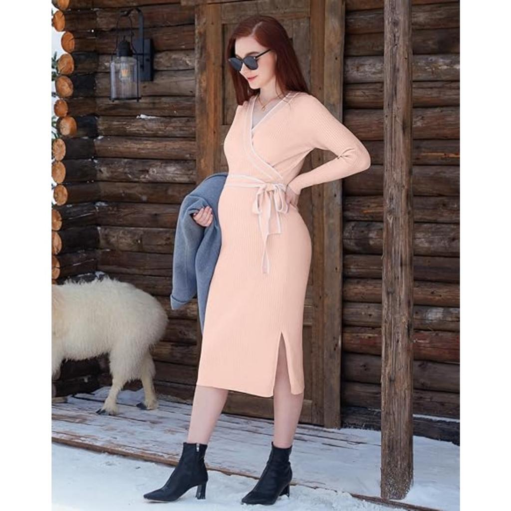 CHARMLEAKS Женское платье-свитер для беременных с длинным рукавом и V-образным вырезом, трикотажные платья для беременных на празднование рождения ребенка