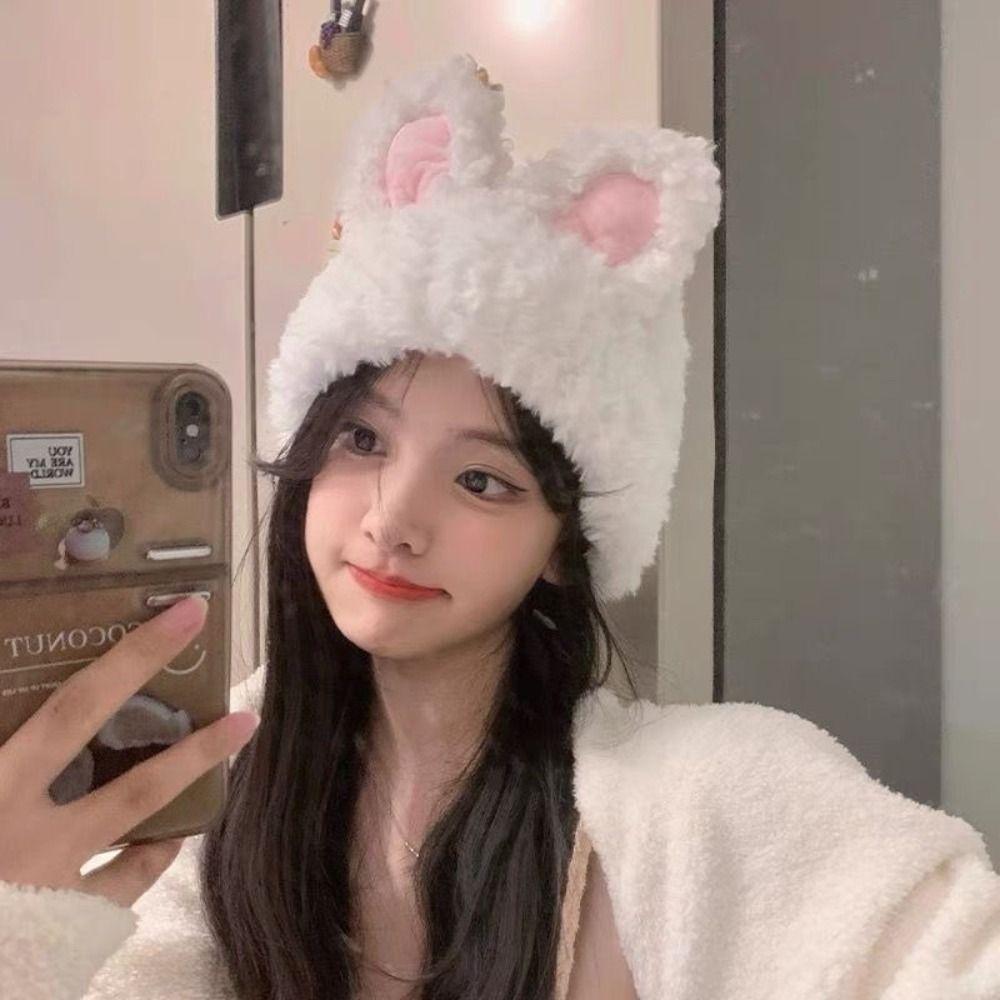 Elastic Rabbit Ear Beanies Solid Color Winter Outdoor Warm Cap Knitted Plush Hat Autumn Winter