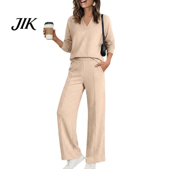 Matching Lounge Set Women Sweatshirt Pants 2-Piece Set, V-Neck Long Sleeve Top & Wide Leg Trousers with Elastic Waist, Solid Color V Neck Pullover