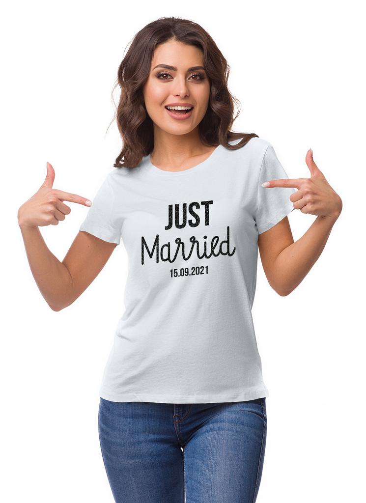 Inkdotpot Персонализированная женская футболка-топ Just Married Свадебное объявление