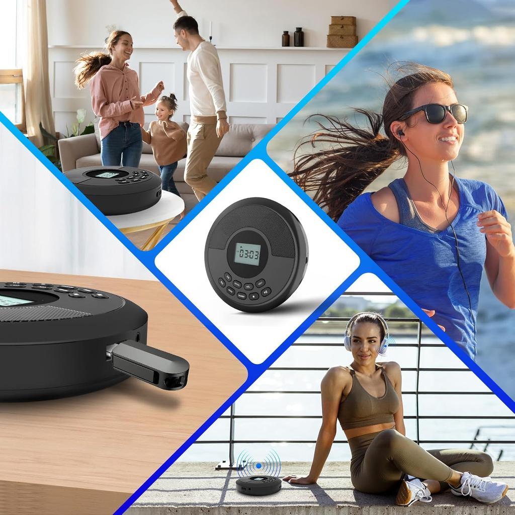 Портативный CD-плеер для автомобиля с двойными стереодинамиками и защитой от пропусков, перезаряжаемый портативный CD-плеер с наушниками