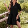 Женское летнее свободное платье с V-образным вырезом, короткими рукавами, плиссированными платьями миди с воротником-лацканами, повседневным пляжным струящимся сарафаном А-силуэта