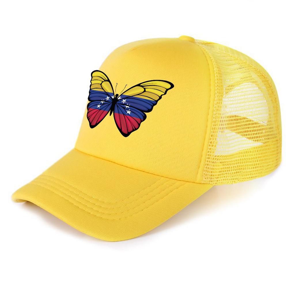 Venezuela Flag Butterfly Printed Trucker Hat Adjustable Non Stretch Multicolor Slouchy Cap for Street Style Golf Hiking