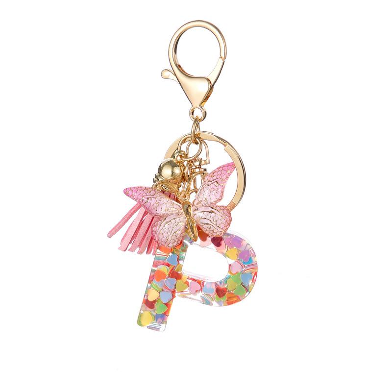 A-Z Dreamy Letters Keychain for Women Tassels Butterfly Pendant Initial Keyrings Purse Suspension Bags Car Key Chain Pink