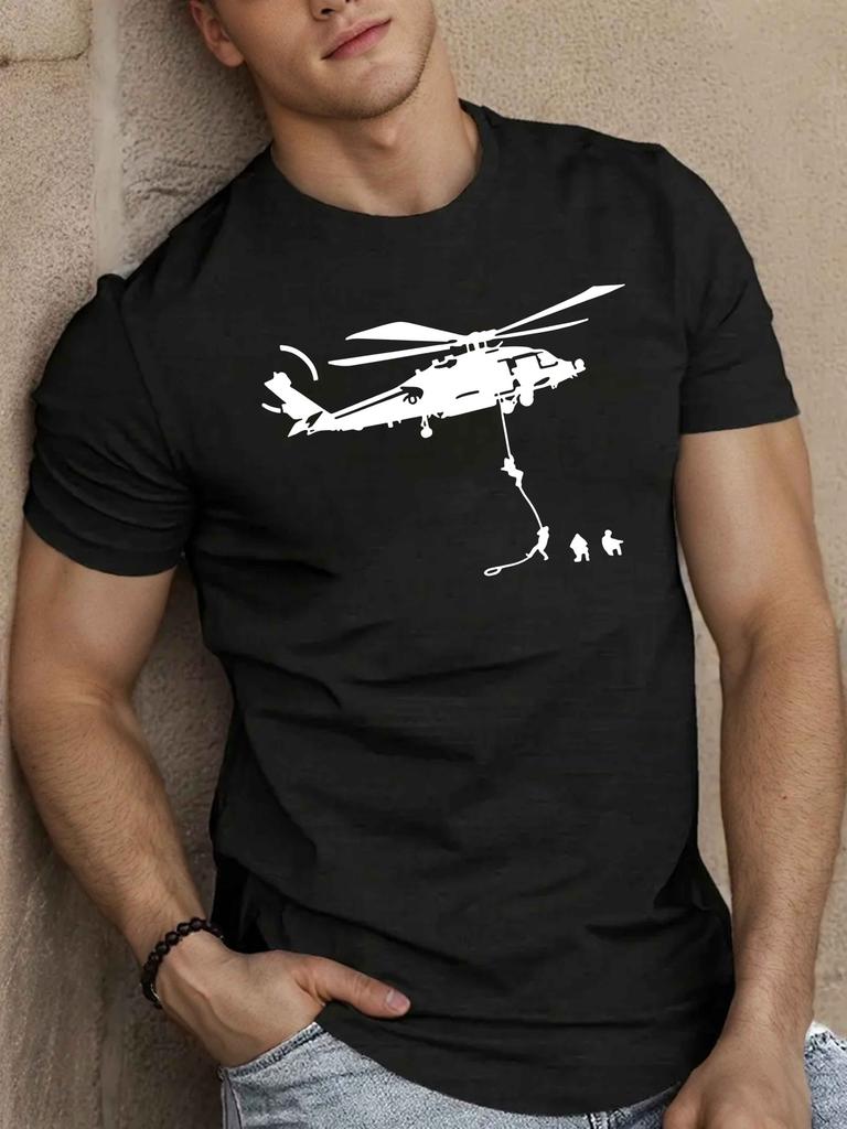 Patriotic Army Unisexs Khaki Short Sleeve Tshirt Helicopter Abseiling Soldiers Silhouette Print Breathable Veteran Cotton Tops