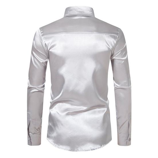 Men Dress Shirt Glossy Surface Satin Solid Color Turn-down Collar Button-down Mid Length Formal Busines Shirt Party Club Shirt