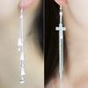 Women Rhinestone Bell Cross Pendant Wedding Party Long Tassels Linear Earrings