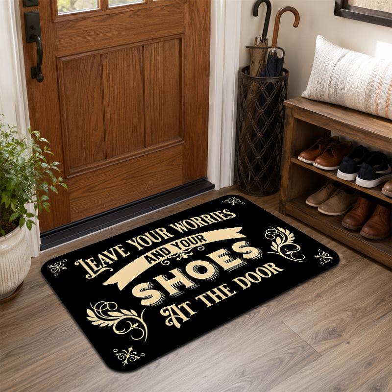 1pc Vintage European-Style Pattern "Unload Worries, Take Off Shoes" English Entryway Doormat, Light Luxury Decorative Text Print Thickened Flannel Mat