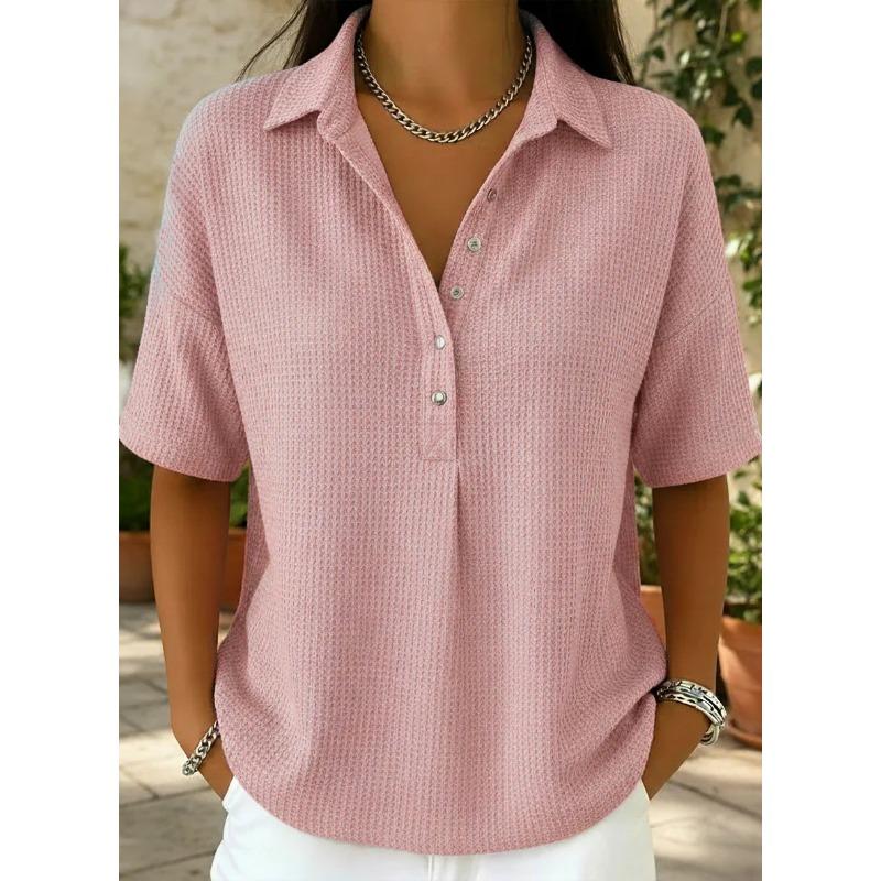 PEYWOW Women's Fashion POLO Neck Short Sleeve Casual Blouses & Shirts