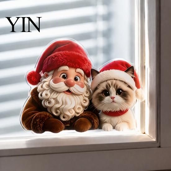 Holiday Glass Decals Christmas Santa Claus & Cat Static Window Clings, PVC Waterproof Stickers, Decorative Stickers for Home Doors Store Windows