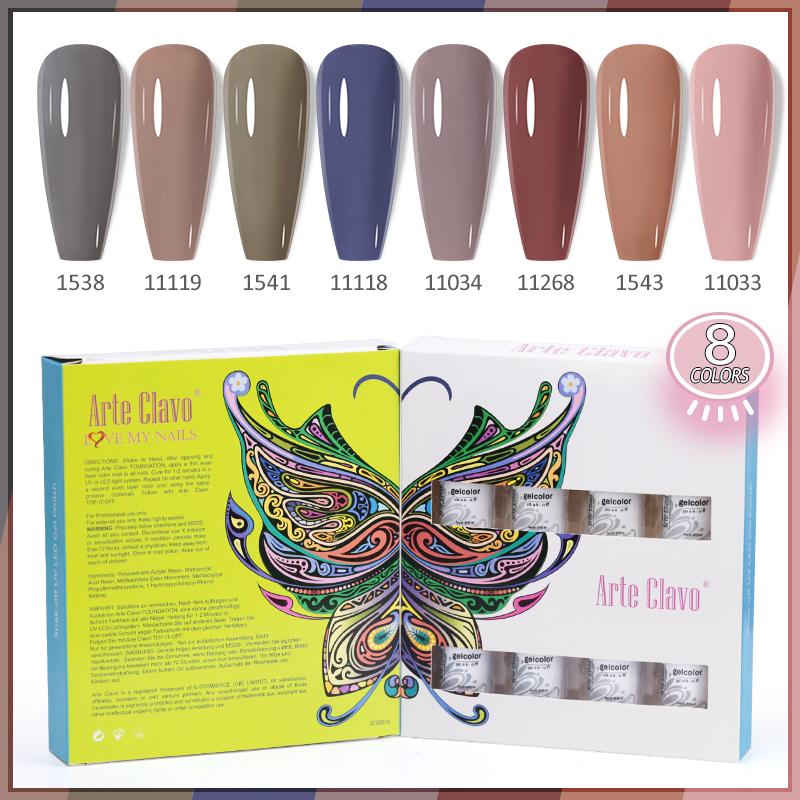 Arte Clavo 8 бутылок/набор, высококачественный блестящий гель-лак для ногтей для маникюра, гель-лак для дизайна ногтей, верхнее базовое покрытие, лак