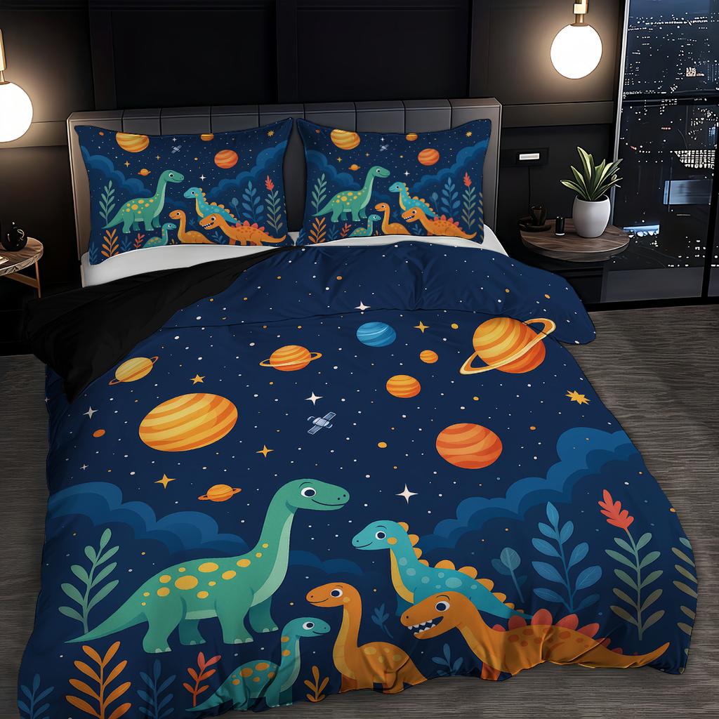 3Pcs Cartoon Dinosaur Pattern Printed Bedding Set, 1*Quilt Cover+2*Pillowcase, Suitable For King Bed, Single Bed For All Seasons