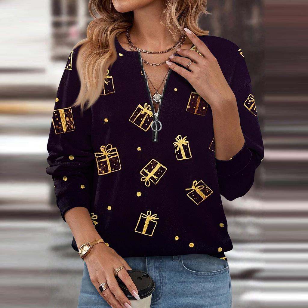 Women Casual Long Sleeve Basic Quarter Zipper Print Flowers Pullover Sweatshirts Casual Top Fall Clothes