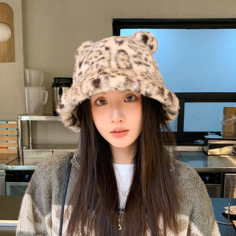 Autumn And Winter Leopard Print Plush Bucket Hat Cute Ears Warm Basin Hat Fashionable Wear Commuter Essential Hat