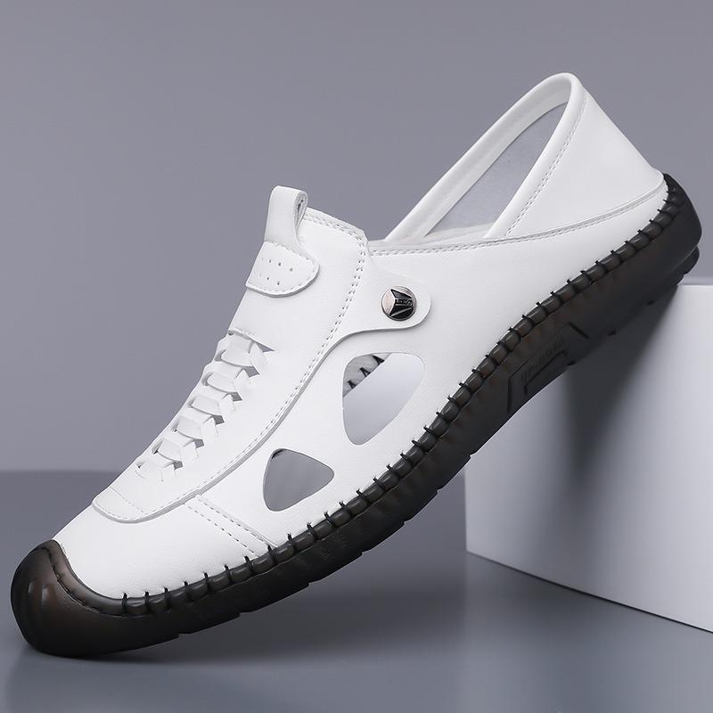 Мужские сандалии ручной работы из кожи, модные уличные повседневные сандалии, новые дышащие с перфорацией, мужские сандалии, нескользящие, плоские, пляжные сандалии