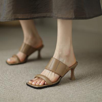 Модная женская новая летняя европейская и американская кожа овчины вышитая нить открытый носок высокий каблук большие шлепанцы