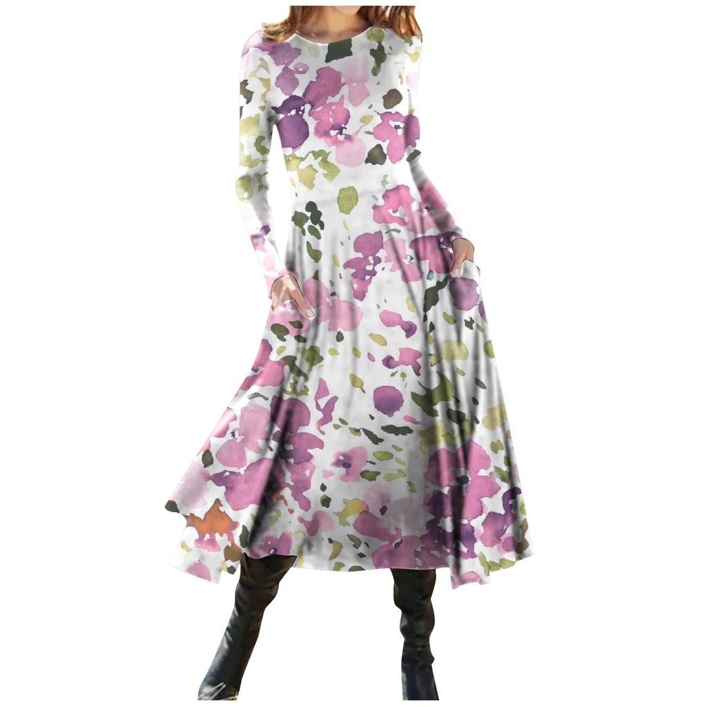 Women's Fashion Casual Printed Round Neck Pullover Slim Fitting Long Sleeve Dress