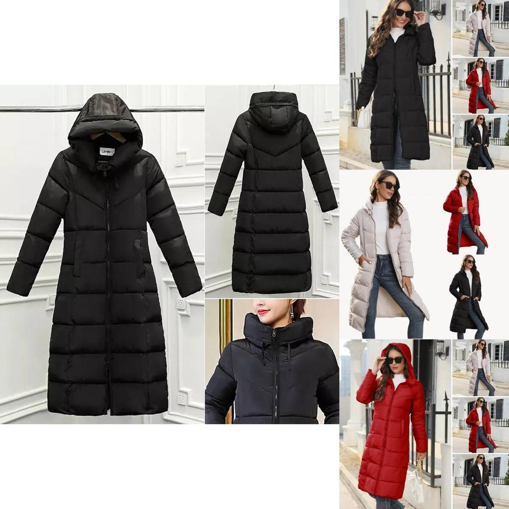 Women's Long Hooded Cotton Jacket Winter Warm Stylish Slim Fit Down Coat Available In Black Red Khaki