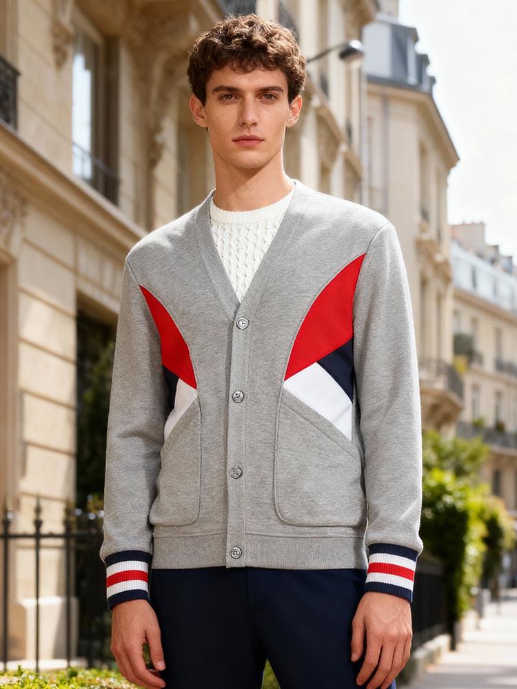 Хлопковый кардиган для весны и осени: Модная красно-бело-синяя куртка-пэчворк для пар (B05)