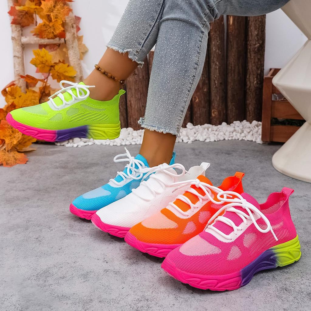 Модные женские кроссовки Повседневные сетчатые полые дышащие на шнуровке Легкая радужная подошва Комфортные спортивные кроссовки Женские кроссовки Zapatillas Mujer