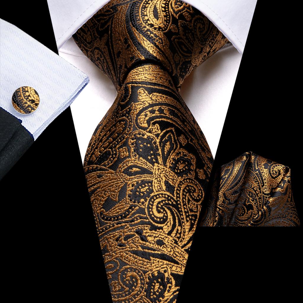 Hi-Tie Dark Gold Plaid Jacquard Mens Silk Tie Classic Necktie Cufflink Hanky Set