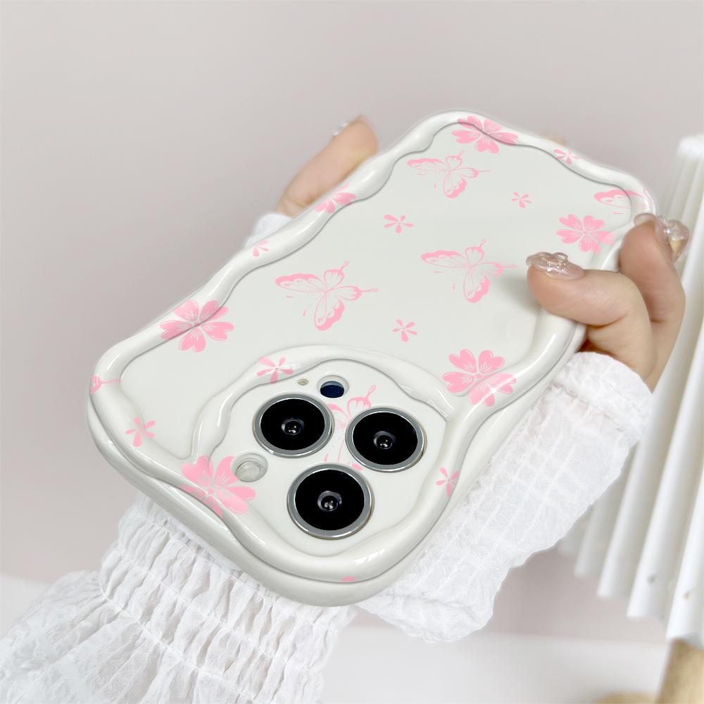 For iPhone 16 15 14 13 12 Samsung S24 S23 S22 A06 A13 A14 A15 A16 A55 Redmi Note 13 12 Cartoon Pink Butterfly Soft Wavy Edge Design Phone Casing