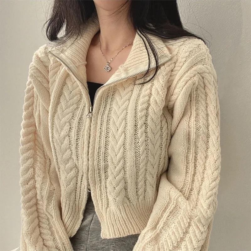 Autumn Y2k Women Zippers Knitted Cardigan Casual Loose Solid Cropped Sweater Korean Short Long Sleeve Coats Tops Fashion Clothes