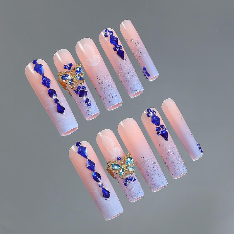 Custom Handmade Nail Art Stickers with Rhinestones ABS Material 24 Pcs/set Finger Application Artificial Nails Set
