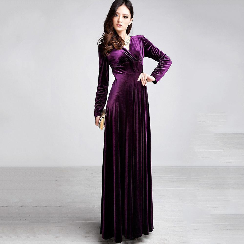 Womens Autumn Dress Velvet Long Sleeve V Neck .