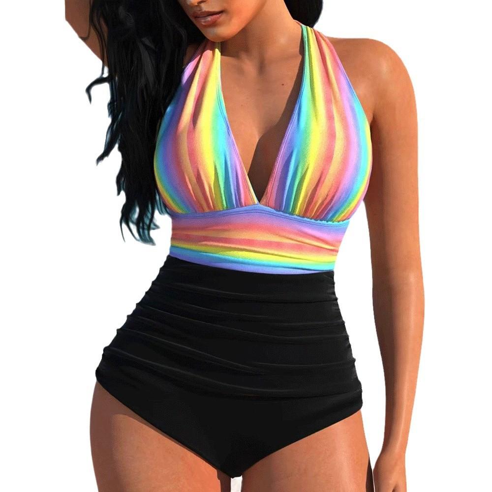 1011 new swimsuit sexy rainbow vertical strip tight backless one-piece explosive bikini European and American swimsuit