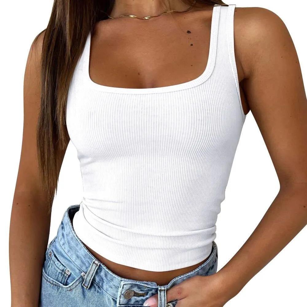 Ribbed Crop Tops Women Solid Color Square Neck Camis Camisole Fashion Tube Top Female Sleeveless