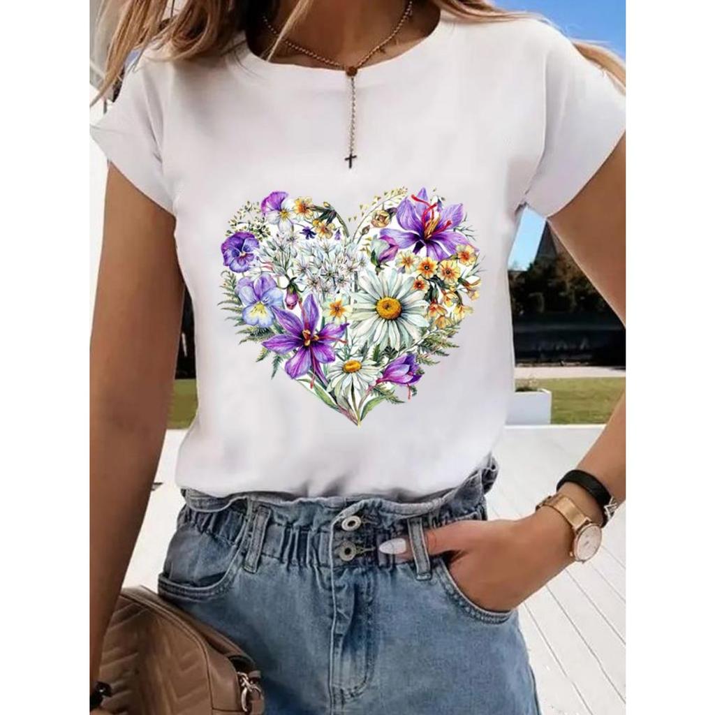 Floral Sweet and Cute Fashion Printing Women's O-neck Clothes T-shirt Short-sleeved Casual Daily Top