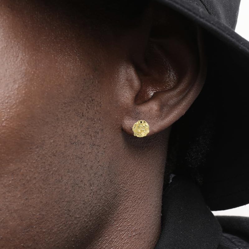 14k Gold Plated Round Rough Textured Cookie Nugget Stud Earrings For Men/Women Unisex