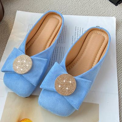 Модные туфли-лодочки с квадратным носком и неглубоким вырезом из коровьей замши, летние новинки, баотоу, хрустальная пряжка, мягкая подошва, противоскользящие, износостойкие, на плоской подошве