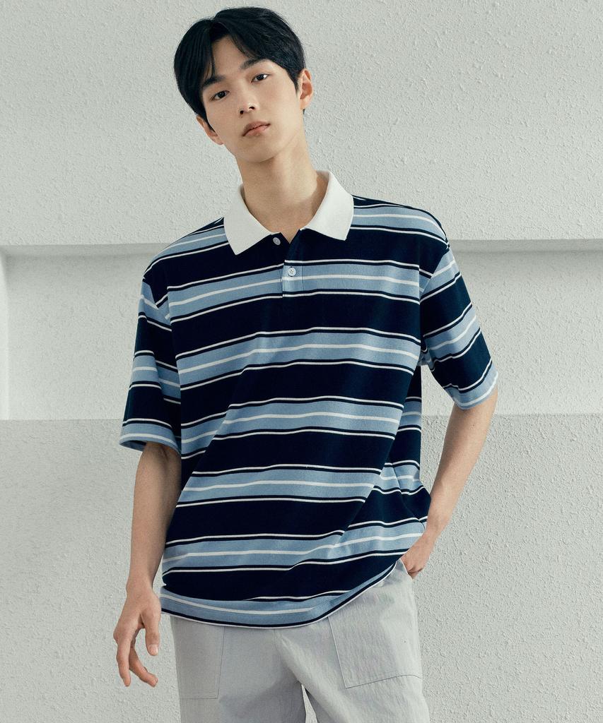 MINDBRIDGE Multi-Stripe Semi-Overfit Collared T-Shirt