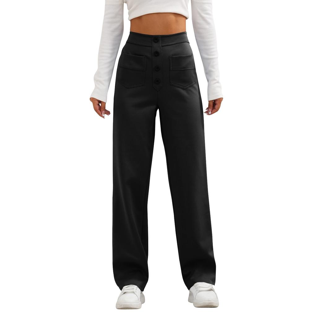 Women's Casual Straight Leg Pants With High Waist Button Elastic Business Work Pants With Multiple Pockets